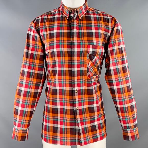 M Red Multi Color Plaid Cotton One Pocket Button Down Collar Long Sleeve Shirt - Picture 1 of 7